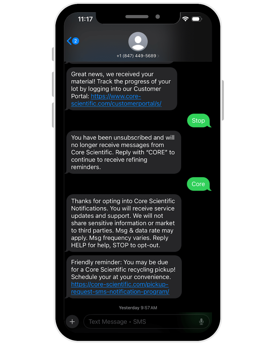 Core Scientific SMS notification preview